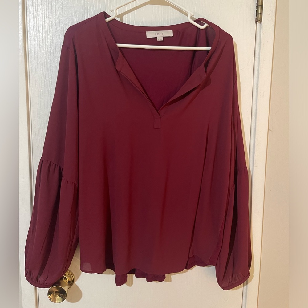 LOFT maroon balloon sleeve mixed media blouse size XL
